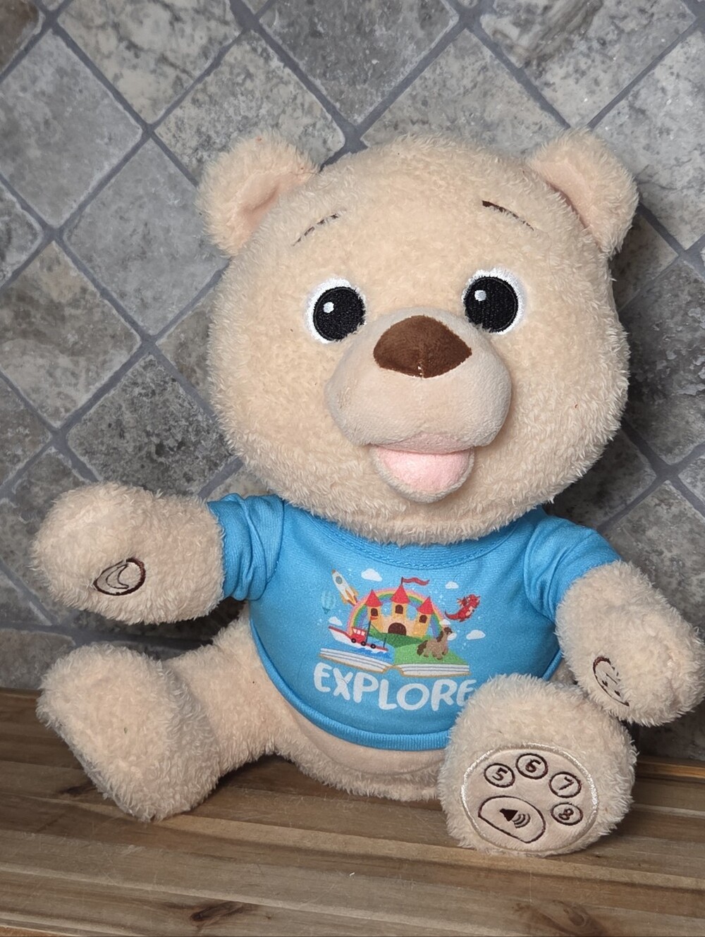 12" Plush Explorer Bear Toy in Light Beige with Blue Shirt Talk Sing